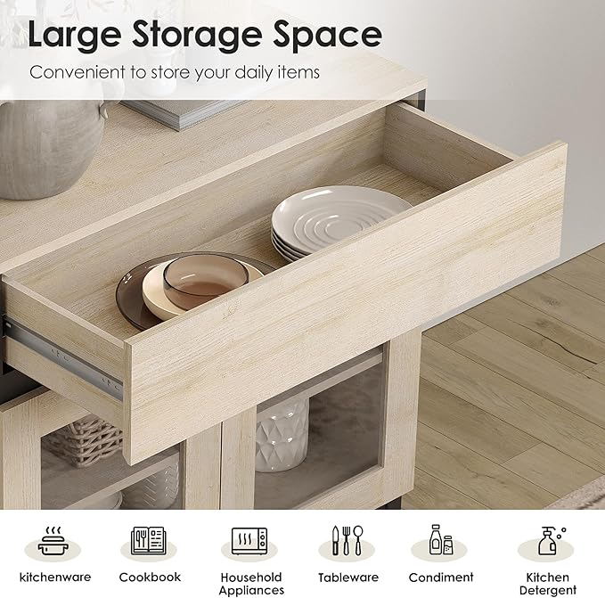 WAMPAT 63‘’ Multifunctional Sideboard Buffet Cabinets with 4 Glass Doors, Modern Sideboard Credenza, Coffee Bar Cabinet for Living Room, Kitchen, Light Oak