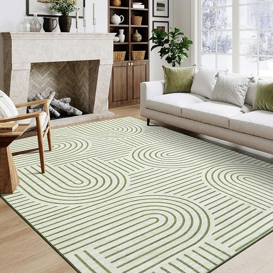 9x12 Area Rug Washable Modern Abstract Rugs for Living Room Non Shedding Soft Bedroom Boho Carpet Ultra-Thin Low Pile Living Room Floor Covers Abstract Lines Carpet for Playroom Kids Room, Green