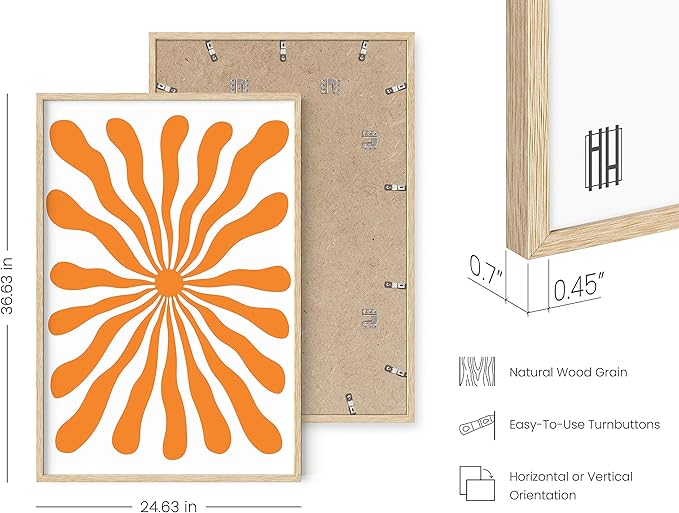 HAUS AND HUES Abstract Orange Wall Art - Sun Decor, Bright Orange Wall Art for Sunset Vibe (Beige Frame, 24x36)