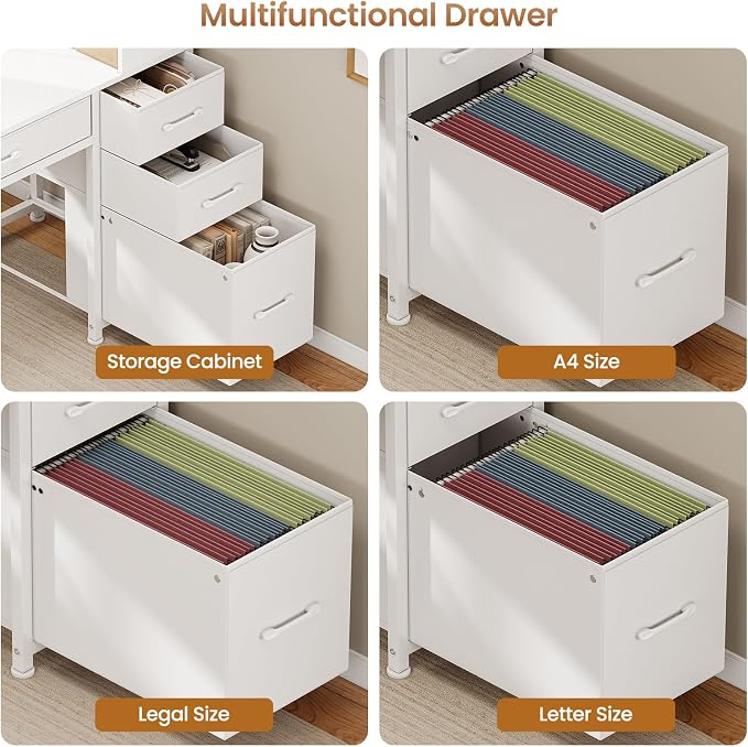 SEDETA Computer Desk with 5 Drawers and Bookshelf, Reversible Home Office Desk with Storage Shelves and File Drawer, Gaming Desk with LED Lights for Small Spaces, White