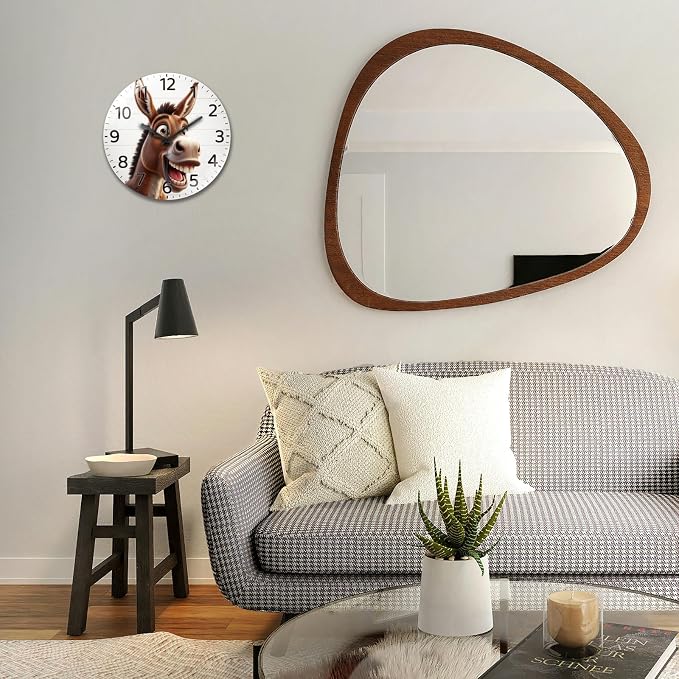 peacoblue Wall Clocks Battery Operated 12 Inch Funny Donkey Glass Round Wall Clock Non Ticking for Kitchen Living Room Dining Room Bedroom and Bathroom Decor Accessories (Battery not Included)