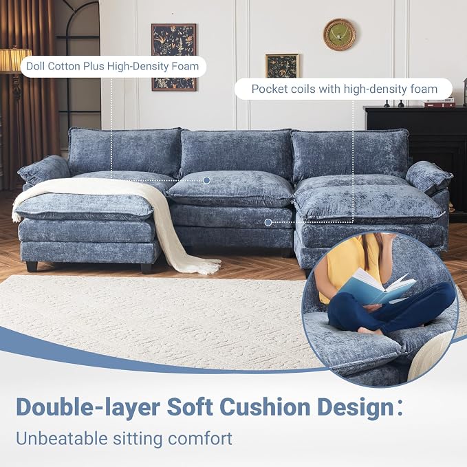 VINGLI 122" Cloud Navy Blue Convertible Sectional Sofa, Comfy U-Shape Extra Deep Seat Sofa Couch for Living Room,Modern Chenille 3-Seat Convertible Sofa with 2 Movable Ottomans for Small Space