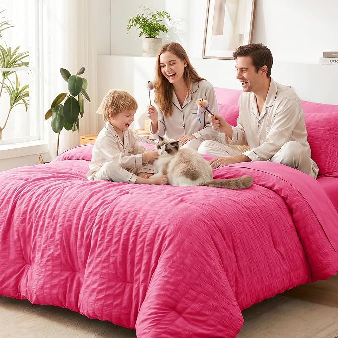 CozyLux Queen Comforter Set Hot Pink, 7 Pieces Seersucker Textured Luxury Bed in a Bag Queen, All Seasons Soft Bedding Sets with Down Alternative Comforter, Sheets, Pillowcases & Shams, Home Gift