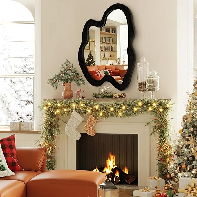 Irregular Wall Mirror Asymmetrical Mirror, Black Wavy Mirror with Flannel Frame, Decorative Wall Mirror for Bedroom, Livingroom, Entryway, 28"x 36"
