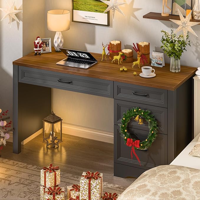 Vabches Farmhouse Executive Desk with Storage and Ample File Drawer, Rustic Large Home Writing Desk for Bedroom, Dark Brown
