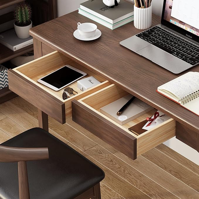 Solid Wood Desk with Drawers, Mid Century Modern Home Office Writing Desk, Vintage Computer Desk with Storage for Living Room, Bedroom(120x56x75cm, Walnut)