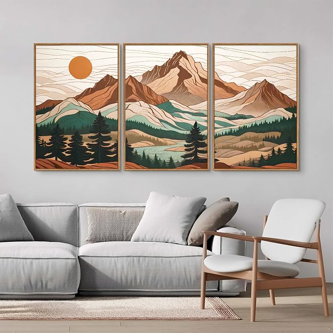 Tinonedraw Large Mountain Framed Canvas Wall Art Set of 3, Boho Nature Forest Wall Decor, Neutral Wooden Pine Trees Artwork, Sunrise Ridge Landscape Art Printing for Living Room Bedroom Office 24"x36"