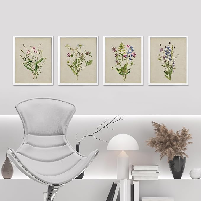 SIGNWIN Framed Watercolor Floral Botanical Wall Art, Set of 4 Vintage Wall Decor Prints, Minimalist Wall Décor for Living Room, Bedroom - 8"x10" White