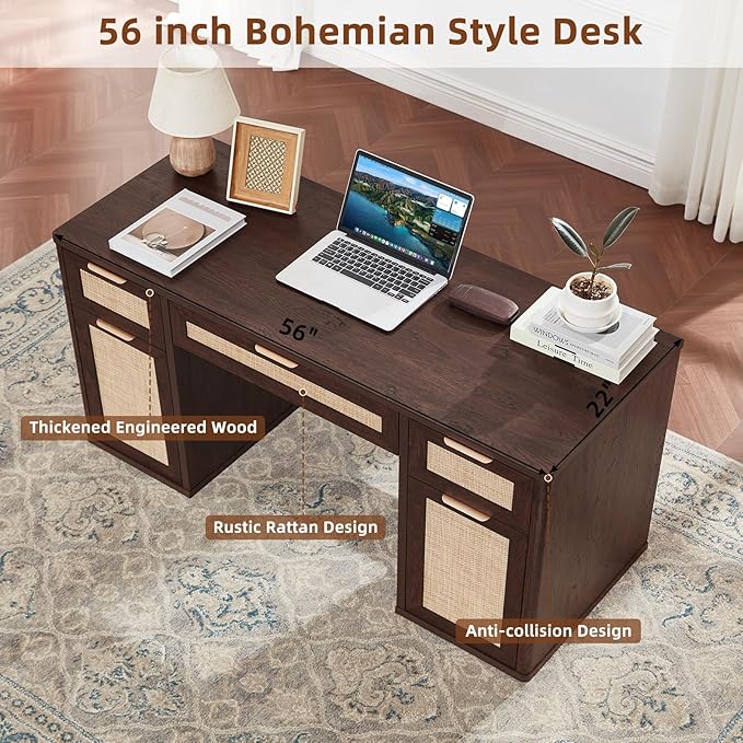 LEYAOYAO Office Desk 56" with 5 Drawers Storage File Cabinet Rattan Wood Desk for Computer Office Bedroom Home Furniture Dark Walnut