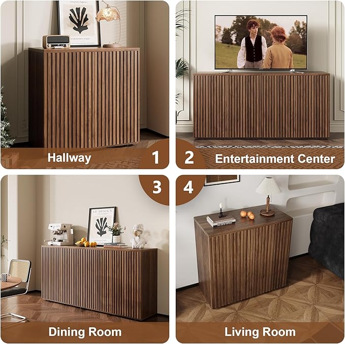 Rophefx Fluted Sideboard Cabinet, 94.5" Buffet Cabinet with Storage, Credenza Storage Cabinets with Adjustable Shelf, Wood Entryway Cabinets with Pop-up Door for Living Room, Entryway, Hallway, Walnut