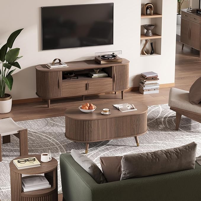 42.5" Oval Lift Top Coffee Table with Storage, Mid Century Modern Walnut Center Table with Fluted Design, Solid Wood Legs & Hidden Compartment, Pop Up Cocktail Table for Living Room