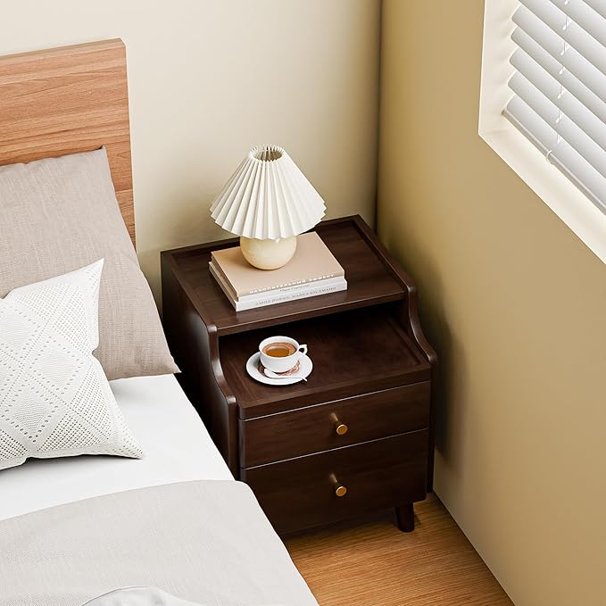 Narrow Nightstand with Drawers, Pre-Assembled Solid Wood Small Skinny Night Stand with Open Sliding Shelf Slim Bedside Table for Bedroom, Slim Side Table (1, Black Walnut, 16")