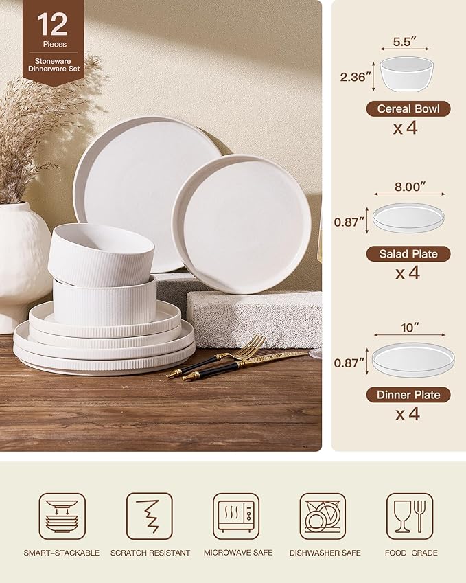 Stoneware Dinnerware Sets, Handcrafted Double Reactive Glaze Plates and Bowls for Everyday & Formal Dining, Microwave & Dishwasher Safe, Scratch Resistant Dishes for 4 (12-Piece), Matte Reactive White