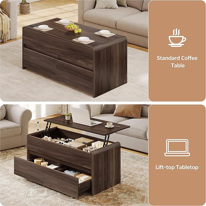 Coffee Table Lift Top, 40 Inch Multi-Function Coffee Table with 2 Drawers, Hidden Compartment, Curved Profile Design, Converts to Home Office Table, Dining Table for Living Room, Walnut