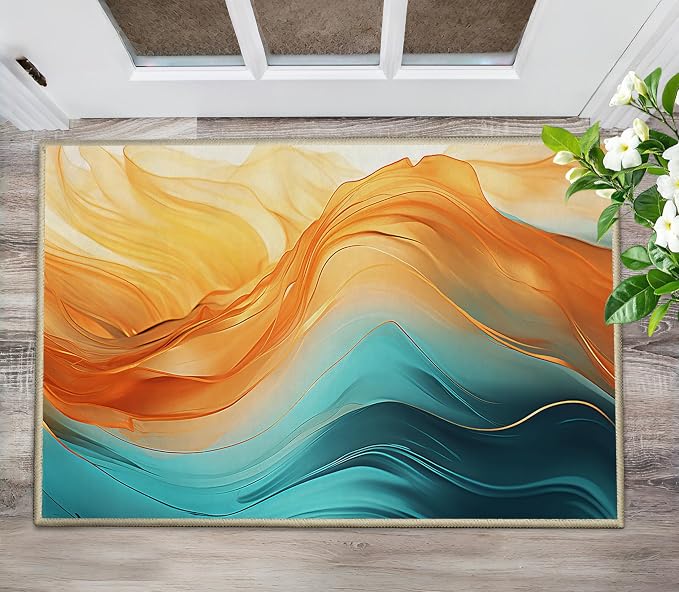 Orange Teal Entryway Rug Carpet 2x3 Non Slip Indoor Doormat Turquoise Marble Decorative Front Door Mat Indoor Entrance for Kitchen Bathroom Bedroom Small Washable Front Door Rug Entry Mat