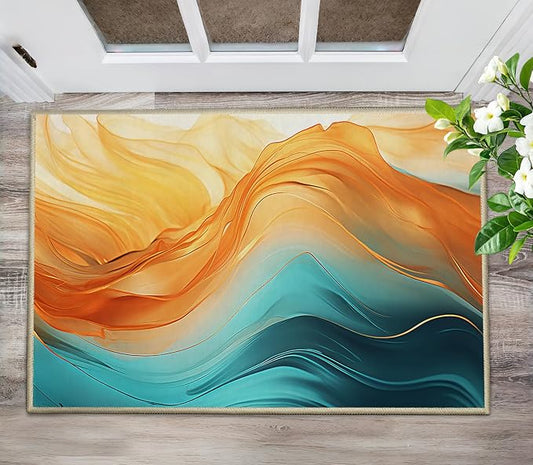 Orange Teal Entryway Rug Carpet 2x3 Non Slip Indoor Doormat Turquoise Marble Decorative Front Door Mat Indoor Entrance for Kitchen Bathroom Bedroom Small Washable Front Door Rug Entry Mat