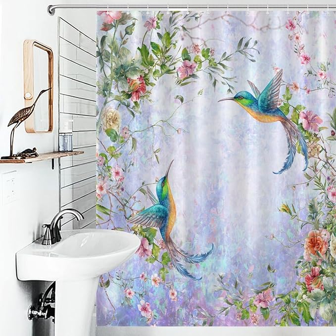 Hummingbird Flower Shower Curtain for Girls,Purple Watercolor Floral Bird Nature Plant Waterproof Shower Curtains for Bathroom Decor 12 Pack Hooks 55x72in（140x183cm）