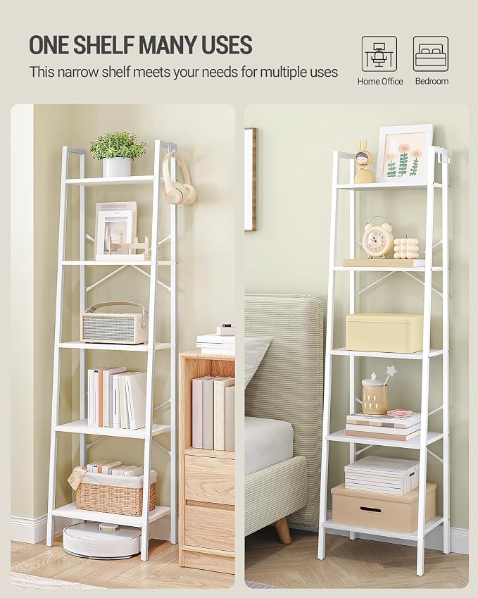 Hzuaneri Ladder Shelf, Bookshelf Bookcase, Freestanding Corner Storage Shelve with 2 Hooks for Home Office, Living Room, Kitchen, Bedroom, Industrial, 11.8" D x 17.3" W x 63" H, White BC19213W