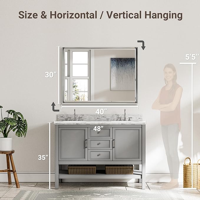 40 x 30 Brushed Nickel Bathroom Mirror, Beveled Framed Rectangle With Anti-Rust Frame, Shatterproof, Vertical/Horizontal Wall-Mounted