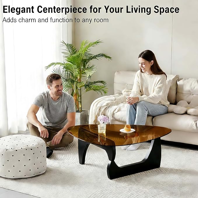 Coffee Tables for Living Room, Small Oval Center Table with Triangle Tempered Glass Top, Solid Legs, Tea Table for Office Small Space
