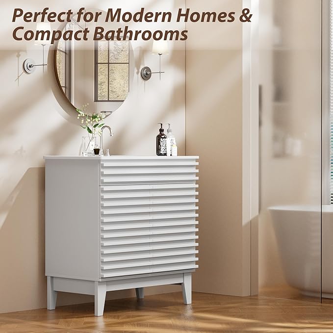 APRILSOUL 30" Bathroom Vanity with Ceramic Sink, Mid-Century Bathroom Vanity Cabinet with 2 Soft Closing Doors, Freestanding Bathroom Cabinet, Particleboard Frame with Wood Grain Laminate, White