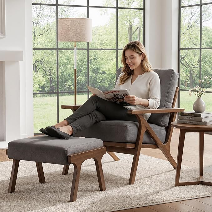 Mid Century Modern Accent Chair with ottoman, Farmhouse Linen Upholstered Living Room Armchair and Ottoman Set, 23" Seat Wide Retro Leisure Lounge Chair with Wood Frame for Home, Bedroom, Office, Grey