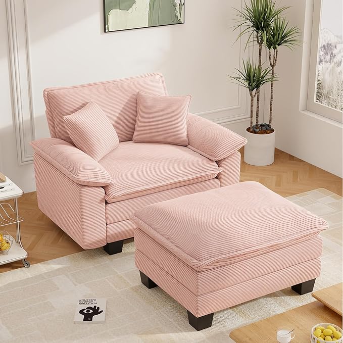 Chaise Lounge Chair Indoor, Oversized Accent Chairs with Ottoman, Luxury Corduroy Upholstered Deep Seat Sleeper Sofa Reading Chairs and A Half with Pillows for Living Room, Bedroom, Apartment, Pink