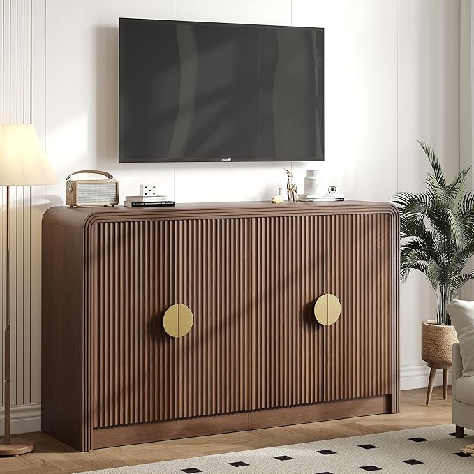 Decofy 55" Fluted Buffet Sideboard Cabinet, Modern Mid Century Console Cabinet with Adjustable Shelves & Wavy Grain Doors for Kitchen Cabinet Storage,Living Room,Entryway,Coffee Bar Cabinet (Walnut)