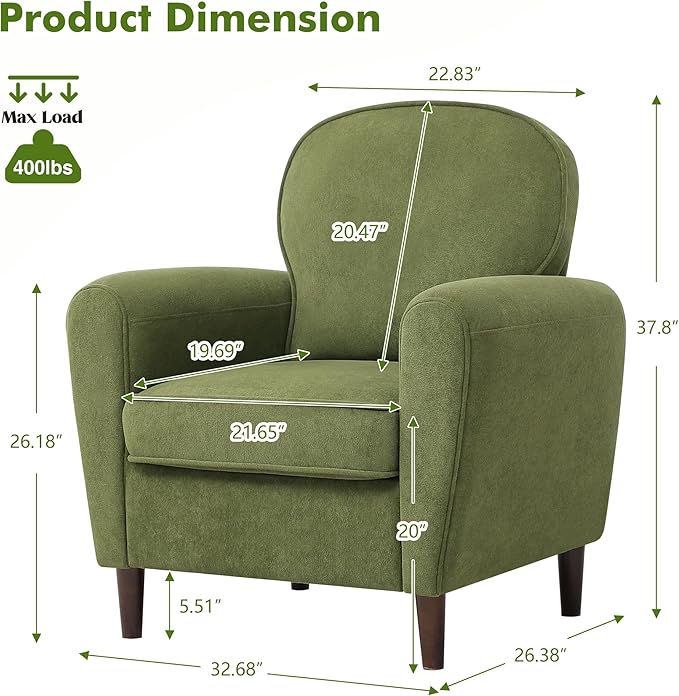 Accent Chair Set of 2, Mid Century Modern Arm Chair with Thick Cushion and Back, Comfy Upholstered Reading Chair Single Sofa Chair for Living Room, Bedroom, Club, Green