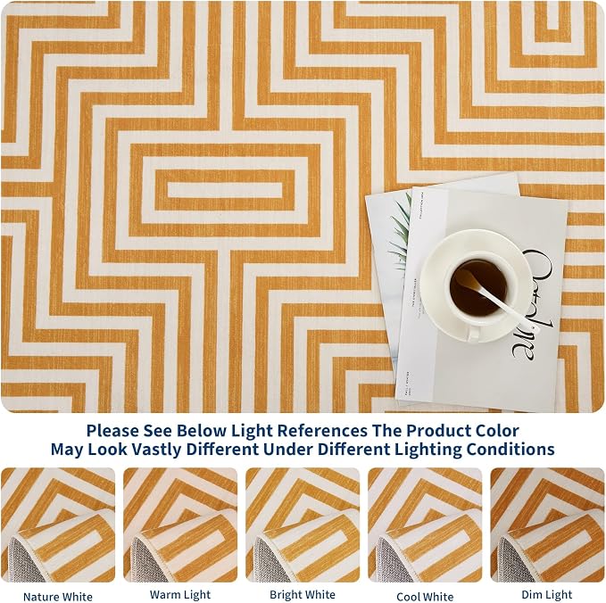 8x10 Washable Large Rug for Living Room Neutral Modern Geometric Lines Rugs for Dining Kids Room Playroom Low Pile Soft Bedroom Carpet Thin Foldable Modern Abstract Rug, Orange Yellow
