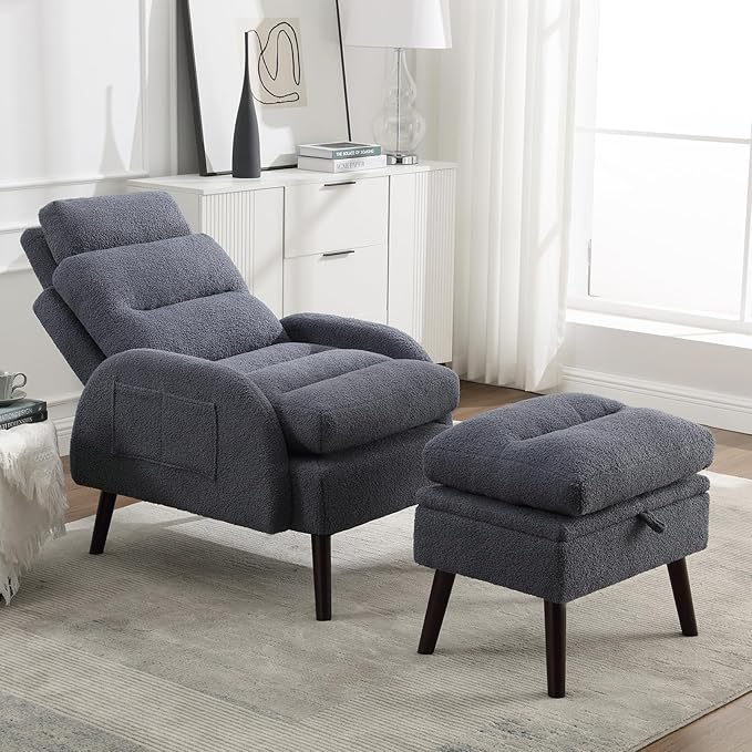 HCHAIRH Accent Chair with Ottoman, Comfy Reading Chair with Ottoman Set, Modern Oversized Velvet Lounge Armchair with Adjustable Backrest for Living Room Bedroom (Teddy Blue Grey)