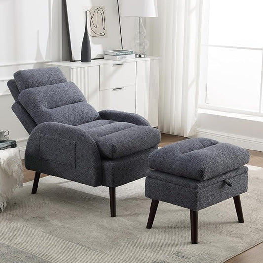HCHAIRH Accent Chair with Ottoman, Comfy Reading Chair with Ottoman Set, Modern Oversized Velvet Lounge Armchair with Adjustable Backrest for Living Room Bedroom (Teddy Blue Grey)