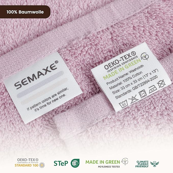 SEMAXE 100% Cotton Washcloths 12-Pack, 13 × 13 Inch Soft Luxury Face Towels – Super Absorbent & Quick-Dry, Premium Cloth with Hanging Loop, Oeko-TEX Certified, Gift-Ready Box, Purple