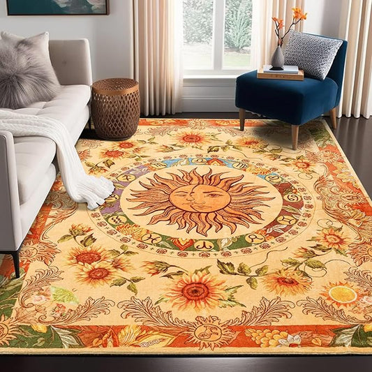 Ultra Thin Washable Mystical Rugs Stain Resistant, Sun and Moon 4x6 Area Rugs Non Slip - Retro Yellow Hippie Floral Throw Rugs for Living Room Bedroom Entryway, Trendy Indie Dorm Tapestry Rug