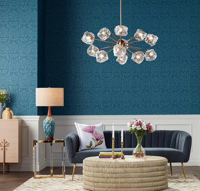 360 Lighting Rocco Mid Century Modern Table Lamp 30" Tall Ceramic Blue Teal Glaze Wood Handmade Linen Drum Shade Cottage Core Decor for Living Room Bedroom House Bedside Home (Colors May Vary)