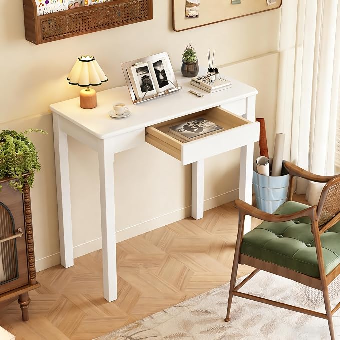 Solid Wood Desk with Drawers - 32 x 16 Inch Simple Narrow Desks, Rubber Wood Study Table, Small Writing Desk for Bedroom|Small Spaces - Modern White Desks