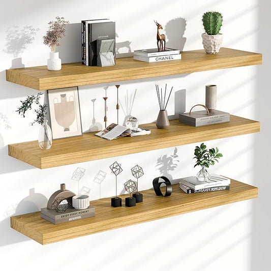 Floating Shelves - 48 Inch Long Premium Solid Wood Wall Shelves, Set of 3, Rustic Brown Modern Wall Mounted Shelves for Living Room, Bedroom, and Kitchen