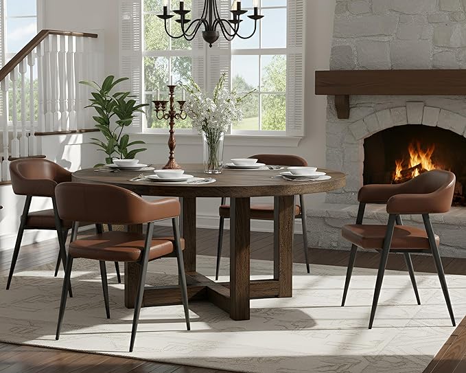HNY Modern Dining Room Arm Chairs Set of 4, Retro Faux Leather Upholstered Barrel Dining Chairs with Arms Mid-Century Brown Accent Chair with Metal Legs, Open-Back Kitchen Side Chair for Living Room
