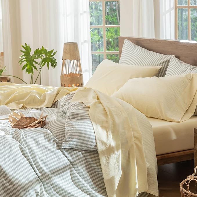 MooMee Bedding Sheet Set 100% Washed Cotton Linen Like Textured Breathable Durable Soft Comfy (Heathered Butter Yellow, King)
