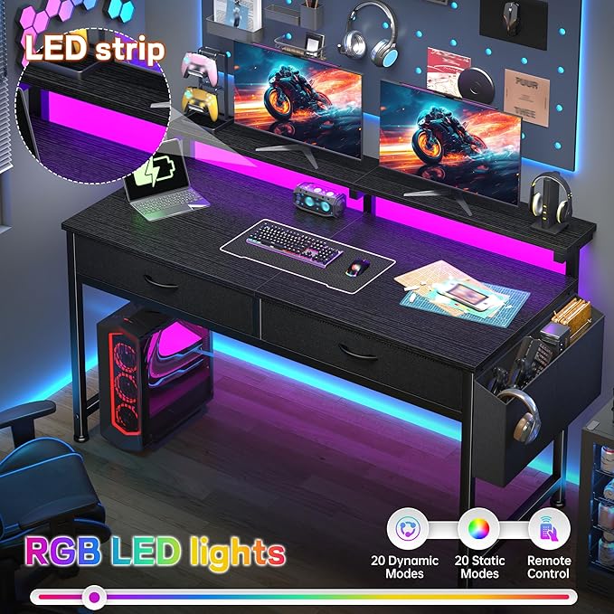 DurayLoly 47.3Inch Gaming Desk with LED Lights with 2 Drawers, Home Office Desk Computer Desk with Side Pocket & Ergonomic Monitor Stand, Small Space Study Writing Table with Anti-Tip Design,Black
