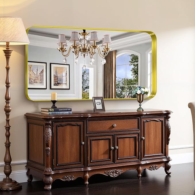CIRCUMI Gold Bathroom Mirror, 30"x60" Rectangular Mirror with Deep Metal Frame, Rounded Corner, Tempered Glass, Large Mirror for Wall, Over 2 Sinks, Installed Vertically/Horizontally, Crystal-Clear