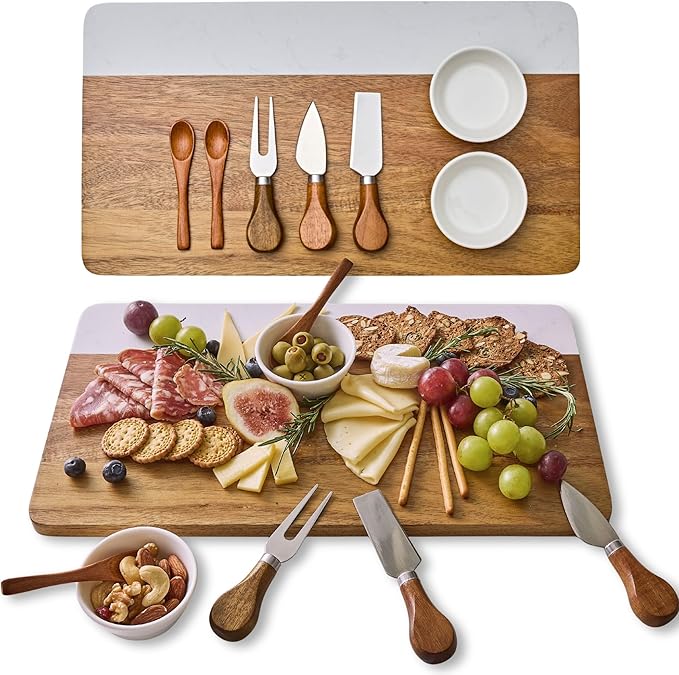 Marble Acacia Charcuterie Board Set – Premium Design (Not Bamboo), Cheese Platter & Serving Tray for Meat and Cheese, Elegant Housewarming Gift for New Home, Wedding & Bridal Shower Gifts for Women