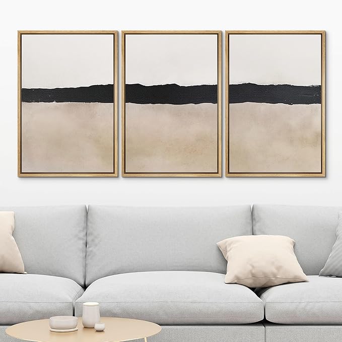 MUDECOR Framed Wall Art Print Set Minimalist Abstract Black Horizontal Brushstroke Illustrations Modern Art Boho Decorative Colorful Chic for Living Room, Bedroom, Office - 24"x36"x3 Natural