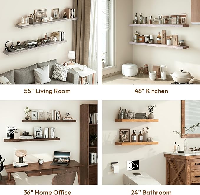 Vivelove Solid Wood Floating Shelves Set of 2, Elm Wood Wall Shelf with Invisible Bracket for Living Room Bedroom Bathroom Office, Rustic Farmhouse Display Shelf, 36 inch - Grey