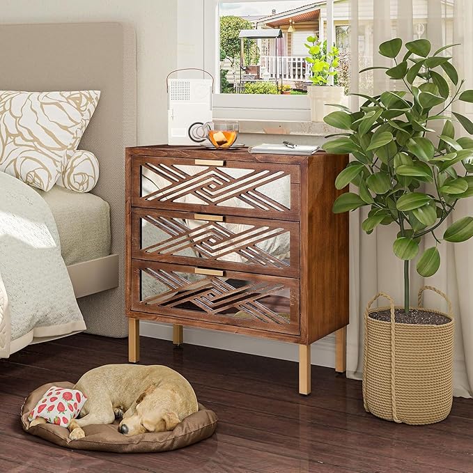 COZAYH 3-Drawer Accent Dresser, Geometric Mirror Front Drawer Organizer Chest with Metal Handles & Legs - Modern Living Room, Entryway, or Bedroom Furniture