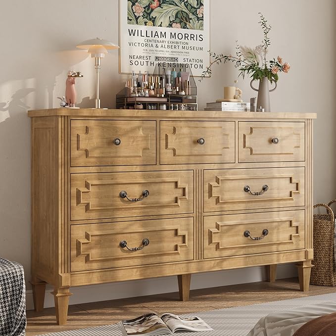 7 Drawer Dresser for Bedroom, 36" Tall Dresser & Chest of Drawers wtih Vintage Surface, Closet Storage Cabinet for Living Room, Hallway, Natural Oak