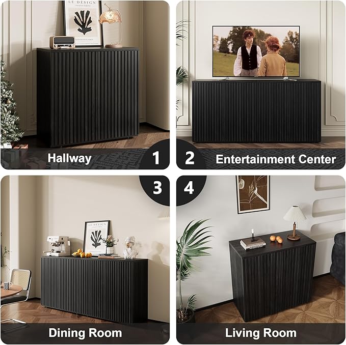 Rophefx Fluted Sideboard Cabinet, 63" Buffet Cabinet with Storage, Credenza Storage Cabinets with Adjustable Shelf, Wood Entryway Cabinets with Pop-up Doors for Living Room, Entryway, Black Grey