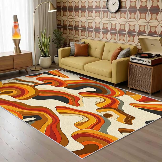 70s Retro Rug 7x9 Psychedelic Funky 1970s Abstract Pattern Area Rugs for Living Room, Bedroom, 70s Retro Home Decor Accessories Indoor Carpet, Non Slip & Machine Washable, GD0340