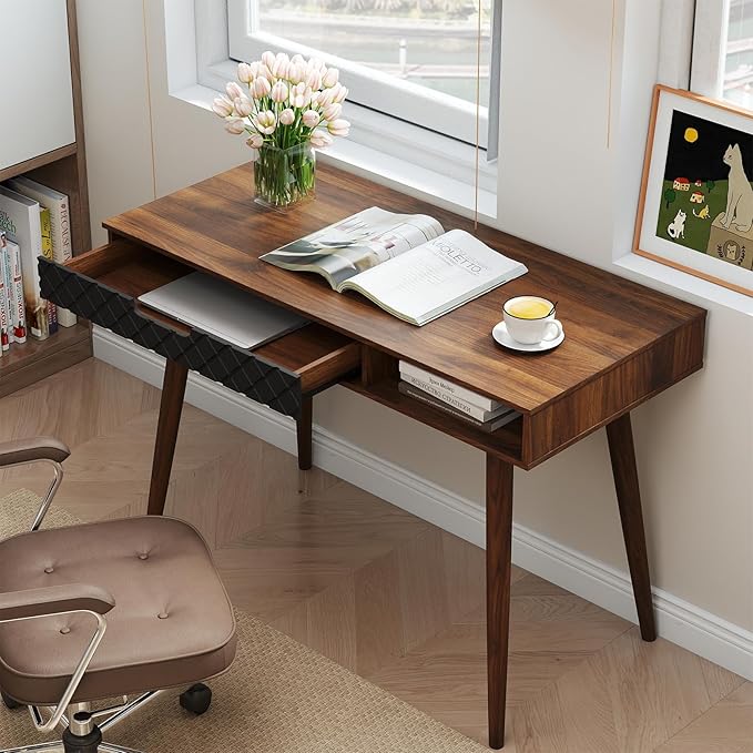 Giantex Mid Century Modern Desk, 42.5" Vintage Computer Desk with Storage Drawer & Rubber Wood Legs, Makeup Vanity Table, Wood Computer Workstation, Small Writing Desk for Bedroom, Small Space, Walnut