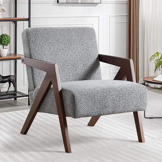 Bonzy Home Mid-Century Modern Accent Chair with Solid Wood Frame, Upholstered Armchair for Bedroom & Living Room,Reading Side Chair with Soft Lien Fabric Cushion,Easy Assembly